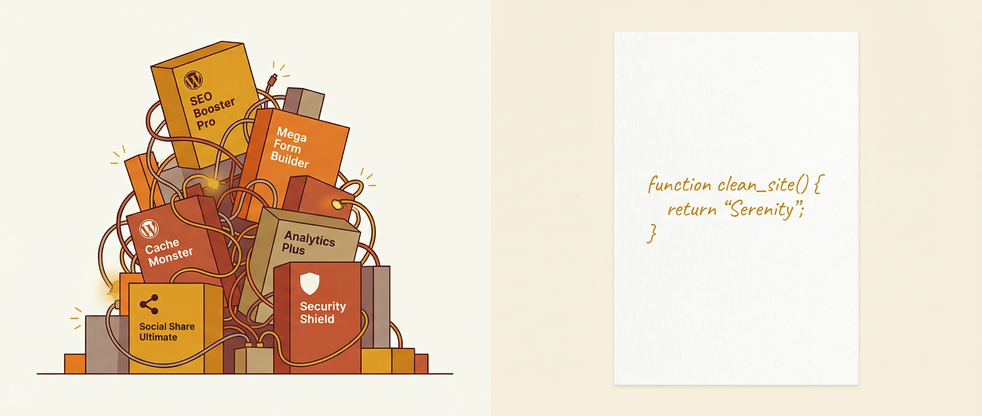 Illustration comparing a tangled pile of WordPress plugin blocks versus a clean sheet with a few lines of code
