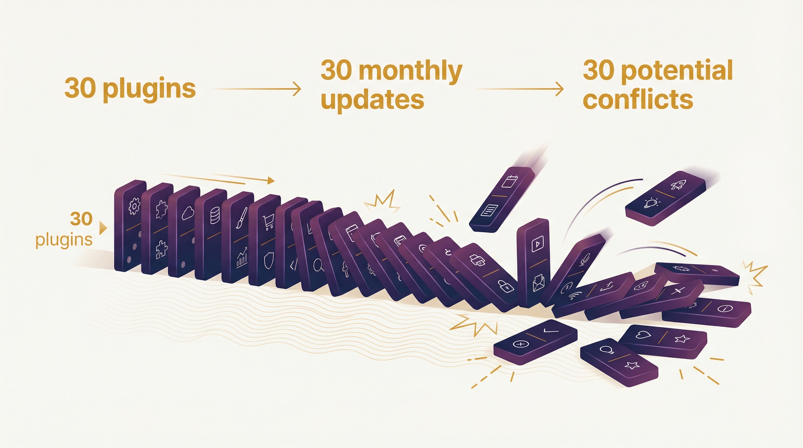 Infographic showing 30 plugins equals 30 monthly updates equals 30 potential conflicts, illustrated as falling dominoes